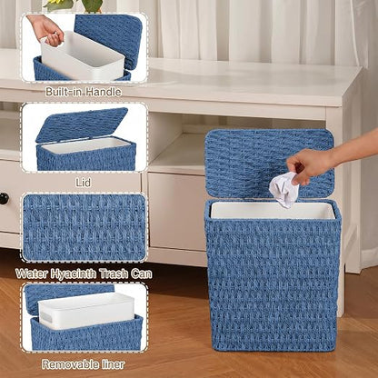 iEGrow Paper Rope Trash Can,Bathroom Trash Can with Lid, 3 Gallon Wicker Waste Basket with Removable Liner, for Bedroom, Living Room, Toilet, Under Sink Blue