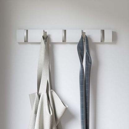 Umbra Flip Wall-Mounted Coat Rack with 5 Hooks – Modern, Space-Saving Storage for Hats, Jackets, Bags, Entryway, Mudroom, Closet, Bathroom, Bedroom – White/Nickel