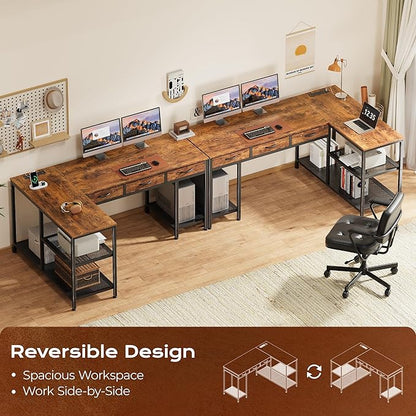 PRAISUN 55 Inch L Shaped Office Desk with Power Outlets and Type-C Port, Large Computer Gaming Desk with 3 Fabric Drawers, Mesh Shelves, Corner Study Work Writing Desk, Rustic Brown