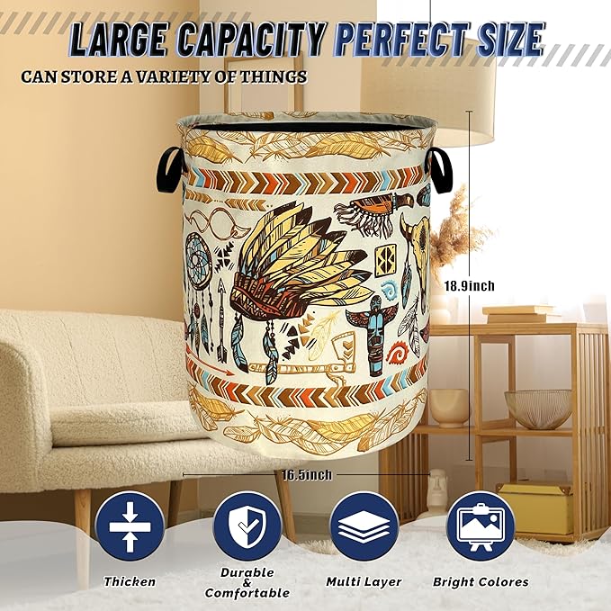 Feather Printed Laundry Basket Oxford Cloth Foldable Boho Laundry Hamper With Handle Portable Clothes Storage Organizer Basket 18.9x16.5Inch Laundry Bag For Laundry Room/Bedroom/Bathroom/Dormitories