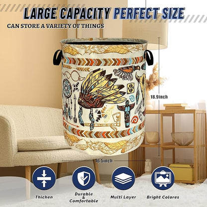 Feather Printed Laundry Basket Oxford Cloth Foldable Boho Laundry Hamper With Handle Portable Clothes Storage Organizer Basket 18.9x16.5Inch Laundry Bag For Laundry Room/Bedroom/Bathroom/Dormitories