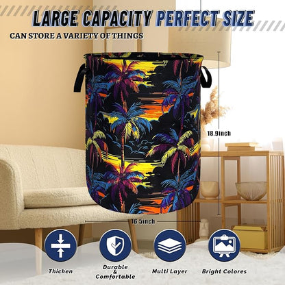 Colorful Palm Tree Laundry Basket Foldable Oxford Cloth Hawaii Laundry Hamper With Handle Portable Clothes Storage Organizer Basket 18.9"x16.5" Storage Bag For Laundry Room/Bathroom/Bedroom