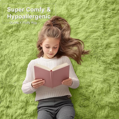 OLANLY 2x5 Machine Washable Runner Rugs for Hallway, Soft Fluffy Shaggy Bedside Rugs for Bedroom, Living Room, Indoor Floor Carpet for Kids Girls Boy, Nursery Rooms, Home Decor Aesthetic, Grass Green