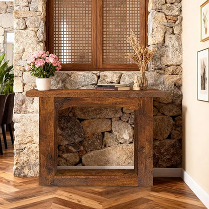 43 Inch Entryway Table U-Shaped Extension, 1.6 Inch Thick Desktop Wooden Console Table with Socket Farmhouse Sofa Table for Entrance, Hallway, Living Room,Behind Couch(Rustic Brown)