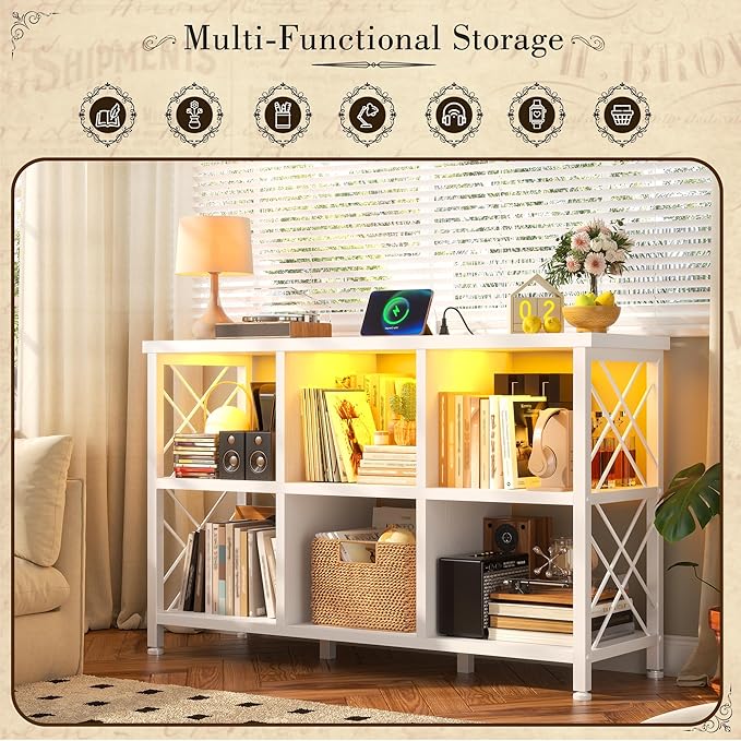 6 Cube Storage Organizer with LED Light and Charging Station, Wood and Metal Cube Shelf, White Horizontal Book Shelf for Bedroom, Home Office
