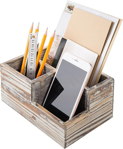 MyGift TV Remote Control Holder, Wood Desktop Office Stationery Organizer Tray with 3 Compartment, Multipuprose Caddy Organizer and Media Storage, Rustic Torched