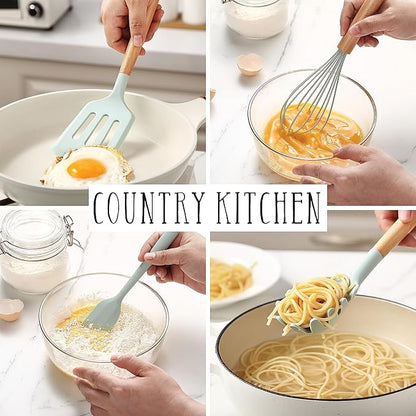 Country Kitchen Non Stick Silicone Utensil Set with Rounded Wood Handles for Cooking and Baking, 14 Piece Set, Mint