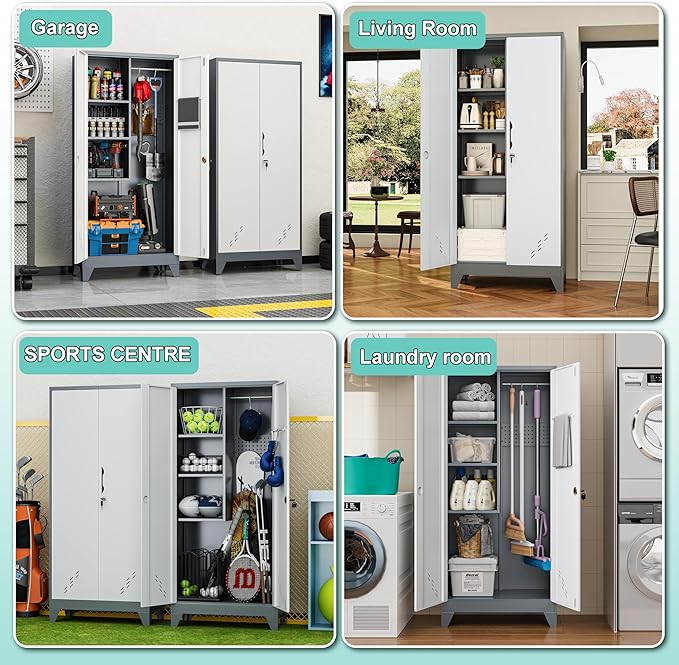 Storage Cabinet 61" H, Locking Cabinet with Doors and Shelves, Metal Pantry Cabinets for Tool Organization,Gray White Cabinet with Removable Pegboard for Garage,Utility Room,Office