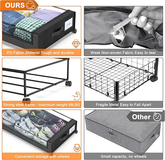 Under Bed Storage with Wheels, 2 Pack Under Bed Storage Containers with Clear Lids, XXL 65L Under Bed Storage Organizer, Rolling Under Bed Metal Drawer for Blanket, Clothes, Shoes (31 x 17 x 6.69 in)