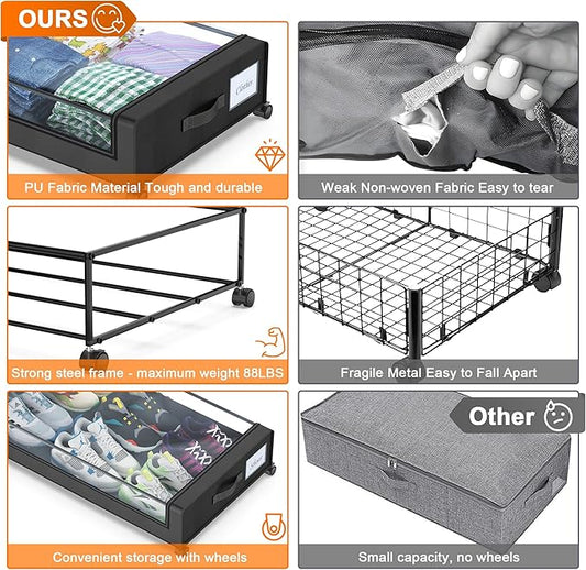 Under Bed Storage with Wheels, 2 Pack Under Bed Storage Containers with Clear Lids, XXL 65L Under Bed Storage Organizer, Rolling Under Bed Metal Drawer for Blanket, Clothes, Shoes (31 x 17 x 6.69 in)