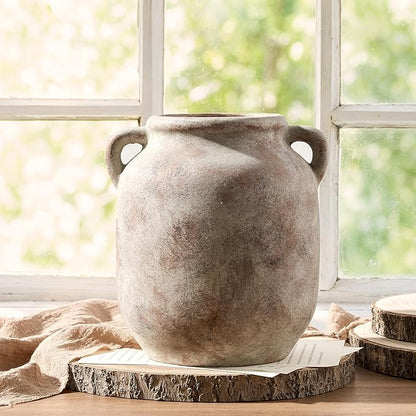 Ceramic Flower Vase Home Decor - Farmhouse Rustic Table Vases with Handle Living Room Decoration Decorative Vintage Pottery for Kitchen Shelf Coffee Dining Bookshelf Fireplace Centerpiece (7.6" Retro)