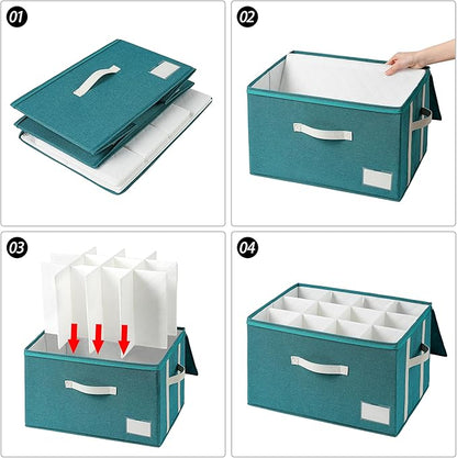 Stemware Storage Cases,Wine Glass Storage Box,with Dividers,Holds 12 Red or White Wine Glasses, Durable Glassware Storage Containers for Crystal or Stemware (Green white, Stemware storage cases)