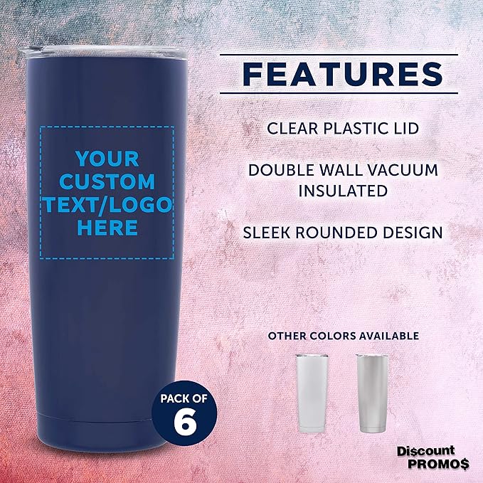 Custom Pipette Stainless Steel Coffee Tumblers 20 oz. Set of 6, Personalized Bulk Pack - Double Wall, Perfect for Coffee, Hot Cocoa, Other Hot & Cold Beverages - Blue