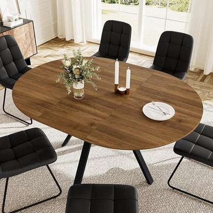 Extendable Round Dining Table Set for 6 People, 43.3"-59.1" Extendable Kitchen Table with 6 Upholstered Chairs, Space Saving for Kitchen Dining Room (Walnut Table+6 U-Shaped Black Chairs)