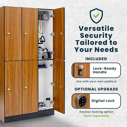 Alpine 6 Door Wooden Locker Cabinet - 72" Expandable Commercial Storage Lockers for Gym, Spa, Office & Golf Club - Includes Metal Base & Lock-Ready Handles, Triple Column 2 Tier - Oak
