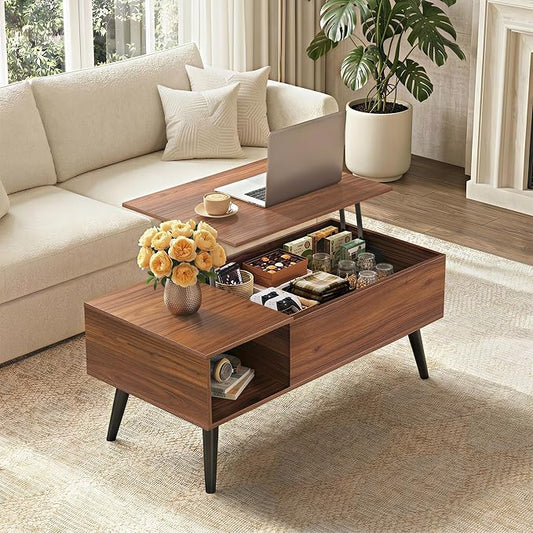 WLIVE Coffee Table for Living Room, Lift Top Coffee Table with Storage, Small Rising Wooden Dining Center Table with Storage Shelf & Hidden Compartment, 39" Brown