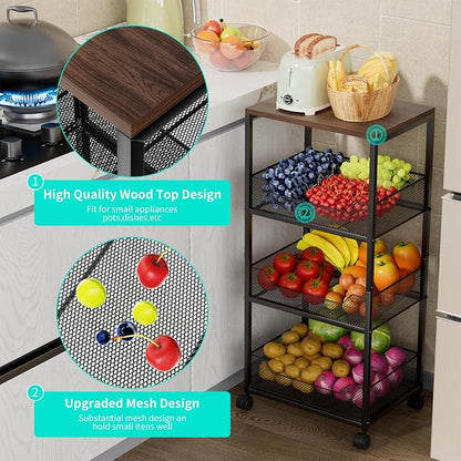 HapiRm Fruit Basket Kitchen Cart - 4-Tier Rolling Storage Cart with Wheels, Fruit Vegetable Basket with Wood Top, Pantry Utility Kitchen Organizer for Fruit Potato Onion Vegetable Bread Snack