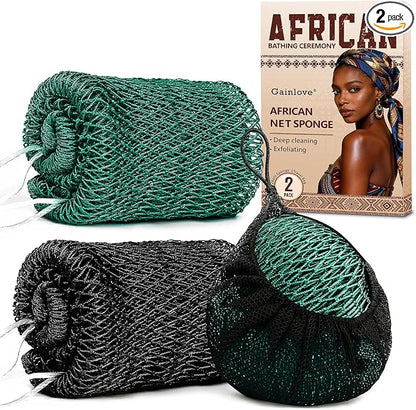 2 Pack African Net Sponge Exfoliating Body Scrubber Bath Sponge for Daily Use (Black+Dark Green)