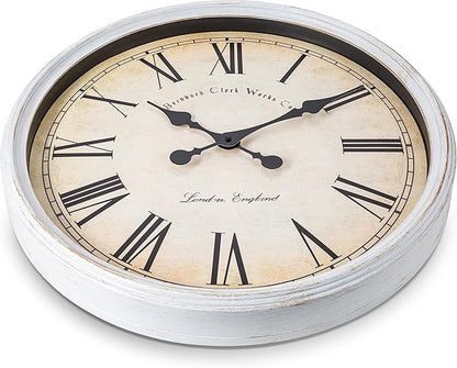 Bernhard Products Large Decorative Wall Clock 20 Inch Silent Non Ticking Battery Operated Quartz Vintage Stylish with Rustic White Rim for Home Living/Dining Room Kitchen & Over Fireplace