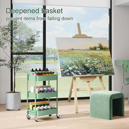 3 Tier Rolling Storage Cart Metal with Wheels, Green Baby Diaper Caddy Carts, Three Tiered Craft Cart Organizer on Wheels, Utility Roller Trolley for Art, Book, Snack, Office, Laundry, Bathroom Shelf