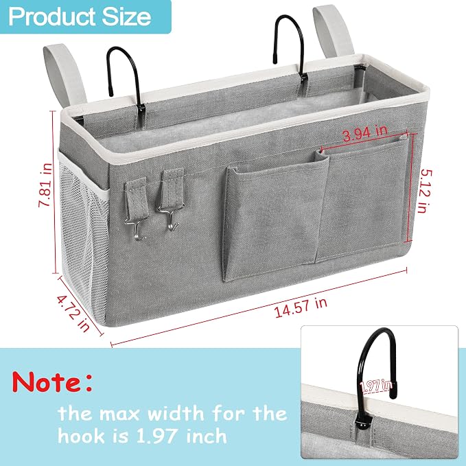 Loghot Bedside Caddy/Bedside Storage Bag Hanging Organizer for Bunk and Hospital Beds,Dorm Rooms Bed Rails,Can be Placed Glasses,Books,Mobile Phones,Keys (2pc Grey)