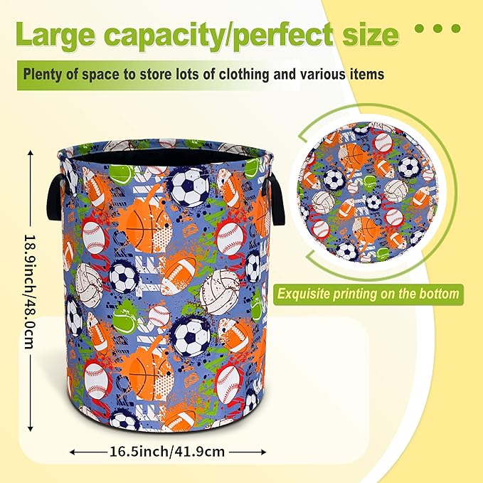 Balls Laundry Basket Funny Ball Sports Foldable Waterproof Oxford Cloth Tote Bag Laundry Hamper Round Large Clothes Storage Bucket Toy Organizer For Bathroom/Laundry Storage/Bedroom 18.9x16.5 Inch