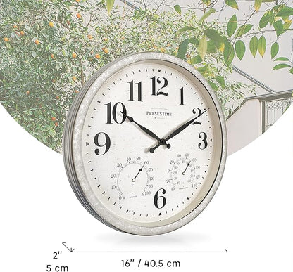 Presentime & Co 16" Farmhouse in/Outdoor Clock with Thermometer&Hygrometer as All in One Weather Station, Galvanized Décor, Wall Art and Timepiece for Farmhouse Decoration, Light Galvanized Finish