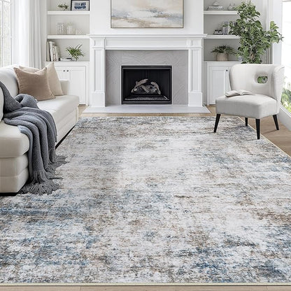 10x14 Area Rugs for Living Room Rug Washable: Abstract Large Rug Indoor Modern Carpet Non Slip for Dining Room Bedroom Nursery Home Office White Brown Blue