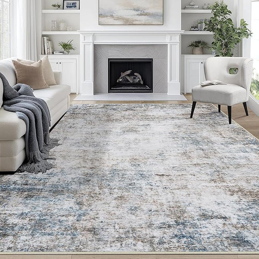 8x10 Area Rugs for Living Room Rug Washable: Abstract Large Rug for Dining Room Bedroom Carpet Non Slip 8 by 10 Indoor Modern Nursery Home Office White Brown Blue