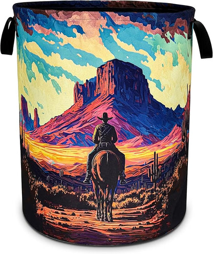 Western Cowboy Laundry Basket Desert Mountains Foldable Oxford Cloth Funny Tote Bag Laundry Hamper Clothes Storage Bucket Toy Organizer For Bathroom/Laundry Storage/Bedroom 18.9x16.5 Inch