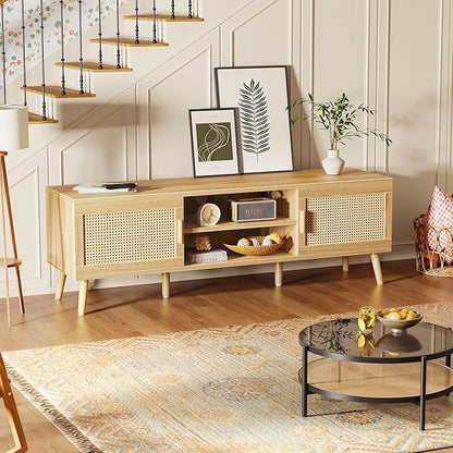 SUPERJARE Boho TV Stand for 65 Inch TV, Entertainment Center with Adjustable Shelf, Rattan TV Console with 2 Cabinets, Media Console, Solid Wood Feet, 4 Cord Holes, for Living Room - Natural