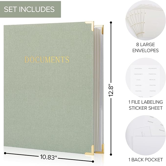Important Document Organizer Set with Folders - Complete Linen Ring Binder Set Safely Stores All Documents & Files in One Place - Easy to Use Expanding Storage Incl. Envelopes, Pockets & Labels