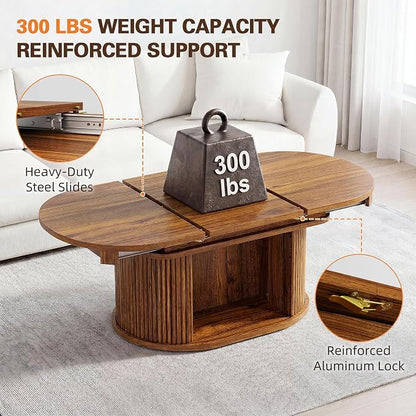 YESHOMY 45.2" Extendable Coffee Table with Storage, Fluted Oval Coffee Table with Sliding Door, Mid Century Modern Center Table for Living Room, Walnut