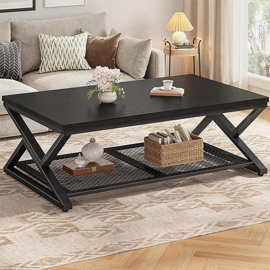 EnHomee Black Coffee Table with Storage, Modern Coffee Tables with Mesh Shelf, 2 Tier Minimalist Industrial Center Table for Living Room, Office, 47.2 Inch, Black Oak