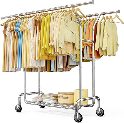 Raybee Heavy Duty Clothes Rack Load 630 LBS, Double Rods Rolling Clothing Rack with 360° Lockable Wheels, Easy Assembly, Portable Adjustable Garment Rack with Shelves for Home & Commercial, Chrome