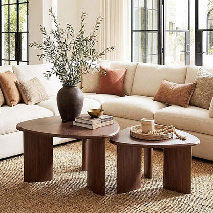 Honyee Nesting Coffee Table Set of 2, Modern Walnut Wood Veneer Coffee Table and Side Table Set for Living Room, Small End Table Set with Flexible Use and Space-Saving Design