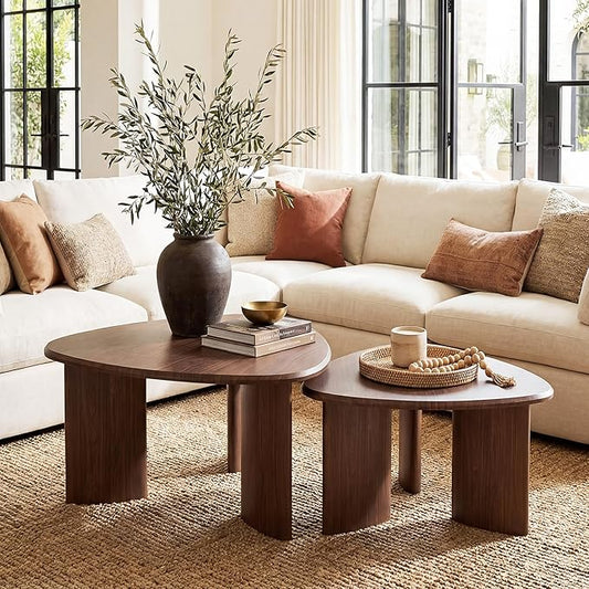 Honyee Nesting Coffee Table Set of 2, Modern Walnut Wood Veneer Coffee Table and Side Table Set for Living Room, Small End Table Set with Flexible Use and Space-Saving Design