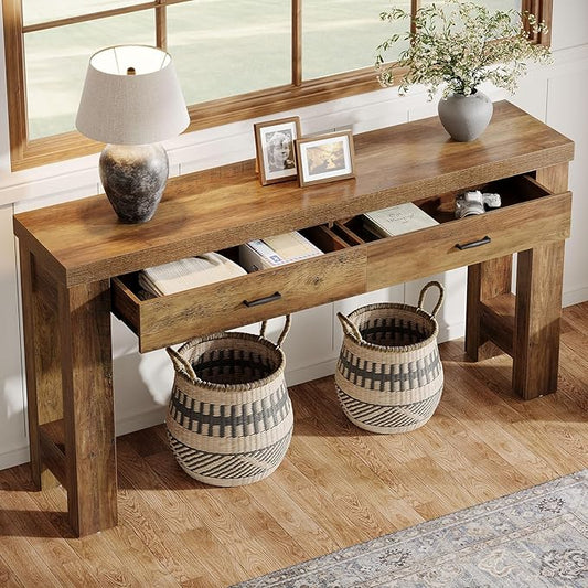Tribesigns 63" Console Table, Farmhouse Entryway Table with 2 Drawers and H-Shaped Sturdy Legs for Hallway, Living Room, MDF, Light Brown