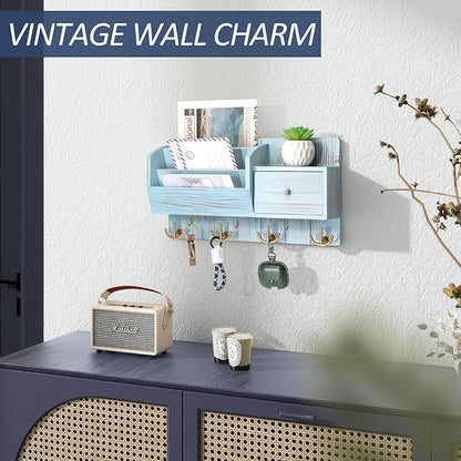 Rebee Vision Key Holder Wall Mount with Mail Sorter - Decorative Mail and Key Organizer for Wall with Hooks and Drawer Organizer - Ideal Storage Solution for Home Improvement (Distressed Blue)