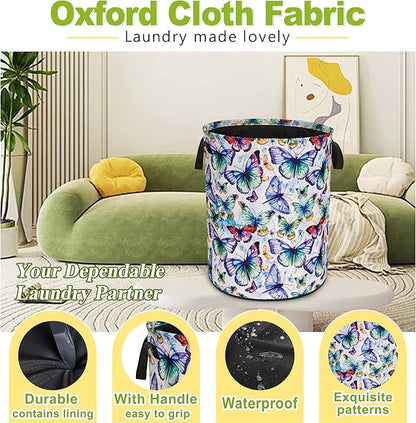 Colorful Butterfly Laundry Basket Funny Foldable Waterproof Oxford Cloth Tote Bag Laundry Hamper Round Large Clothes Storage Bucket Toy Organizer For Bathroom/Laundry Storage/Bedroom 18.9x16.5 Inch