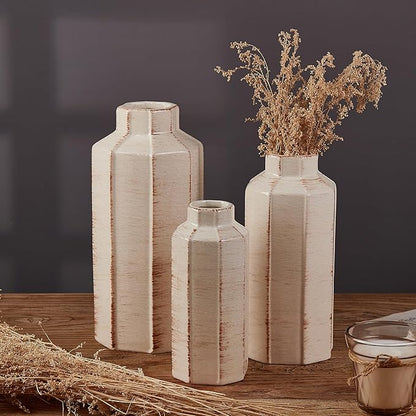 LUKA Ceramic Rustic Farmhouse Vase Set of 3,Ice Cracked Glazed Terracotta Vase,Large Vases for Decor,Fall Decoratiion Vases for Home, Table, Living Room, Shelf