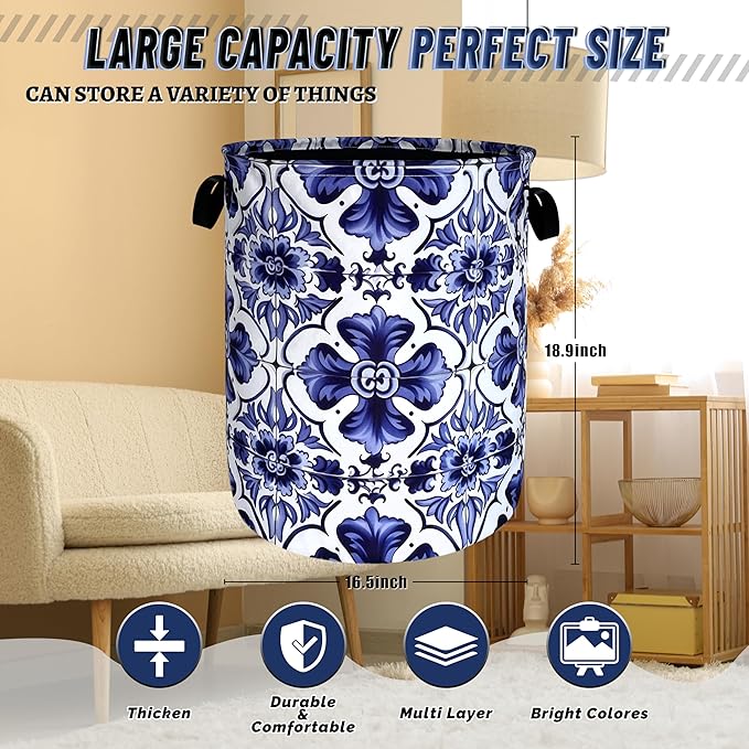 Blue and White Mexican Tile Laundry Basket Oxford Cloth Foldable Boho Laundry Hamper With Handle Portable Clothes Storage Organizer Basket 18.9x16.5 Inch Laundry Bag For Laundry Room/Bedroom/Bathroom