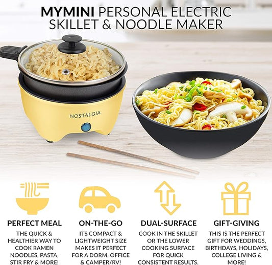 Nostalgia MyMini Personal Electric Skillet & Rapid Noodle Maker, Perfect For Healthy Keto & Low-Carb Diets, Yellow