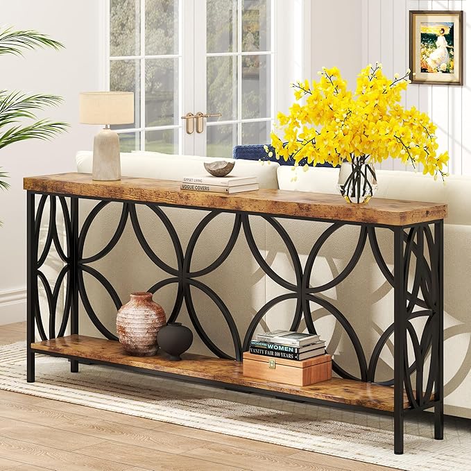 karlott 70.9 inch Extra Long Console Table, Industrial Sofa Table Behind Couch with 2 Tier Storage Shelf, Narrow Long Entryway Table for Living Room, Foyer, Hallway, Office, Rustic Brown