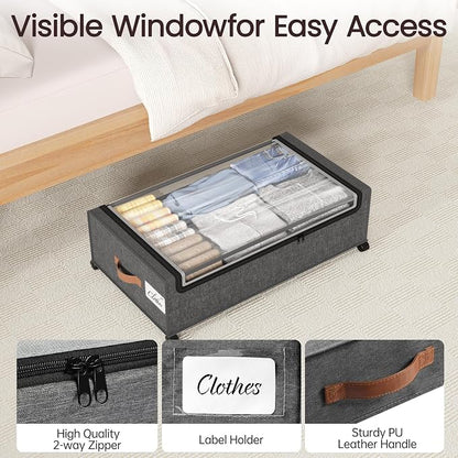 Yecaye 82 L Under Bed Storage with Wheels, 9.4 in Under Bed Storage Containers, Large Under Bed Shoe Storage with Lids, Rolling Underbed Storage bins for Clothes, Blankets, Grey