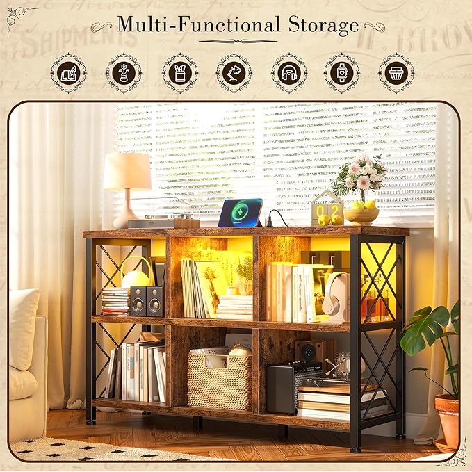 6 Cube Storage Organizer with LED Light and Charging Station, Wood and Metal Cube Shelf, Long Horizontal Book Shelf for Bedroom, Home Office,Rustic Brown