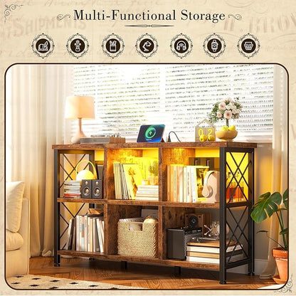 6 Cube Storage Organizer with LED Light and Charging Station, Wood and Metal Cube Shelf, Long Horizontal Book Shelf for Bedroom, Home Office,Rustic Brown