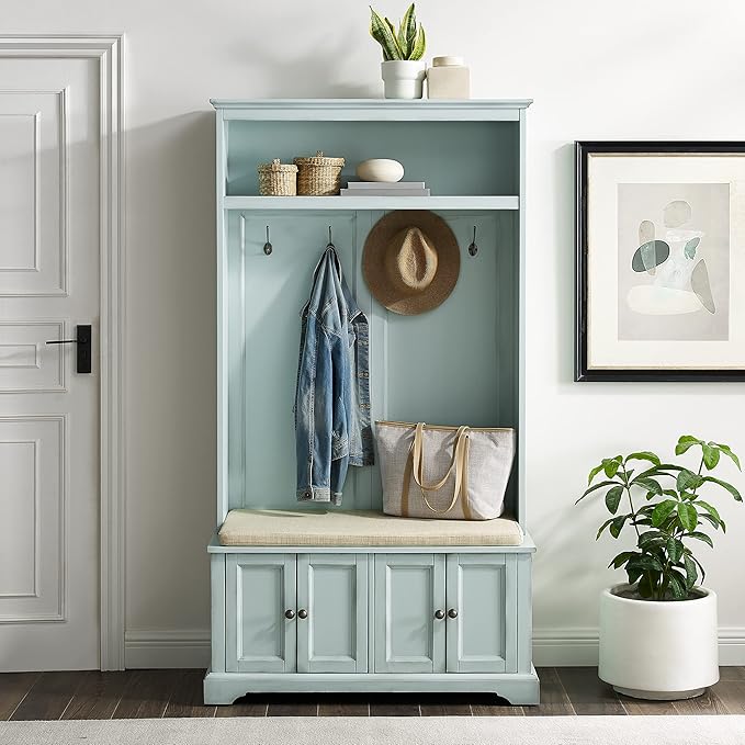 Crosley Furniture Holbrook Hall Tree with Shoe Rack Bench and Coat Hooks for Hanging Storage, Distressed Seafoam Blue