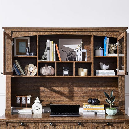 OKD 60" Executive Desk with Hutch and Drawers, Farmhouse Home Office Desk with Charging Station, Keyboard Tray, File Cabinet Storage, Wood Computer Desk for Work and Study, Reclaimed Barnwood