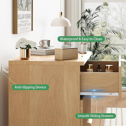 Fluted Nightstand, 31.5" Wide Side Table with 4 Large Storage Drawers, Mid Century Modern Wood Night Stand with Metal Handle, Wooden Bedside End Table for Bedroom, Living Room, Closet, Natural Oak